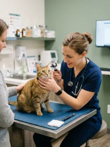 Veterinarian examining a cat for serious causes of appetite loss