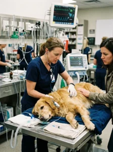 Veterinarian assessing a dog with potentially serious respiratory symptoms.