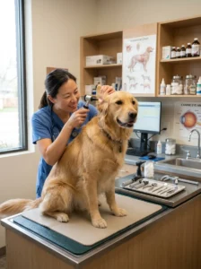 Veterinarian checking a dog during a routine physical examination