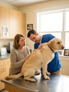 Veterinarian examining a dog for a skin problem that needs medical care