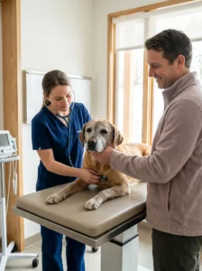 Veterinarian performing a follow-up check on a dog after heatstroke