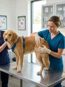 Veterinarian examining a dog for a possible anal gland problem