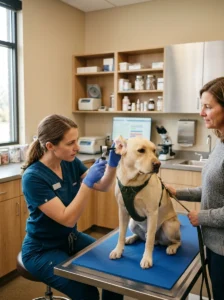 Veterinarian examining a dog's ear with an otoscope
