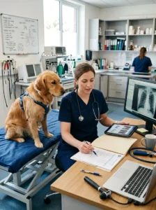 Veterinarian evaluating different possible causes of a dog's cough.