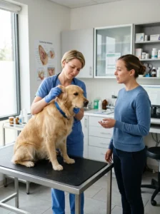 Veterinarian examining a dog with persistent odor after bathing