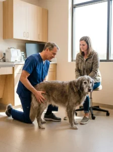 Veterinarian evaluating a senior dog for joint problems