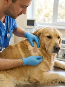 Veterinarian examining a dog's skin for a hot spot