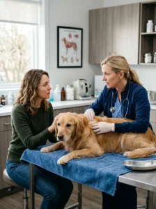 Veterinarian examining a dog before using homemade shampoo