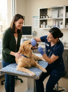 Veterinarian performing a regular dental checkup on a dog
