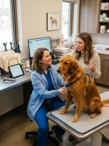 Veterinarian examining a dog for kennel cough.