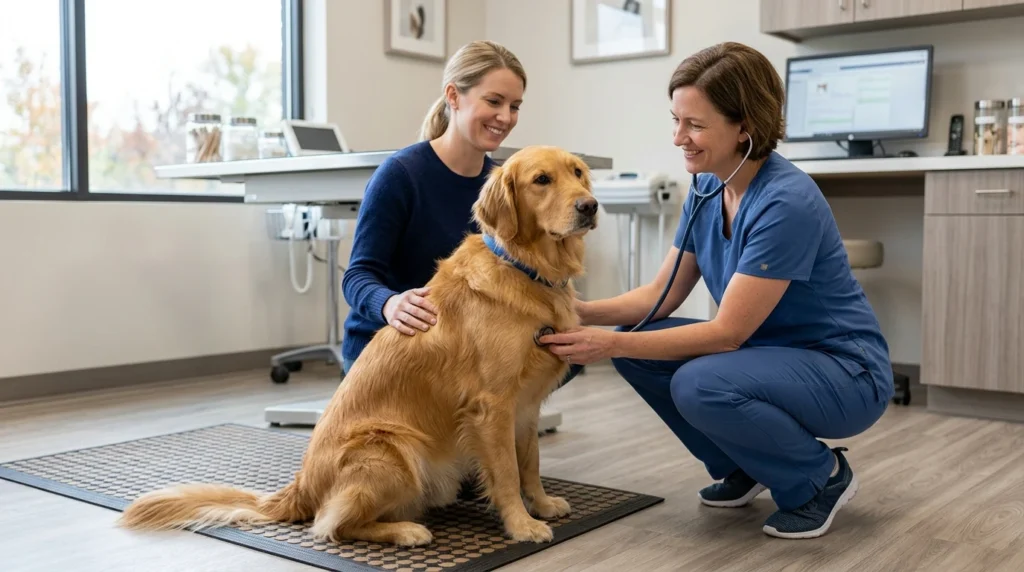 Routine vet visit for a dog with a veterinarian performing a wellness check