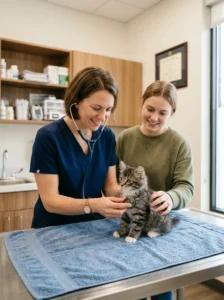Kitten receiving its first veterinary checkup after arriving at a new home