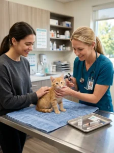 Young kitten receiving vaccinations as part of its kitten vaccine schedule