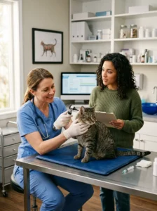 Rescue cat receiving a veterinary examination with an unknown vaccination history