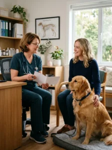 Dog owner discussing veterinary care with a trusted veterinarian