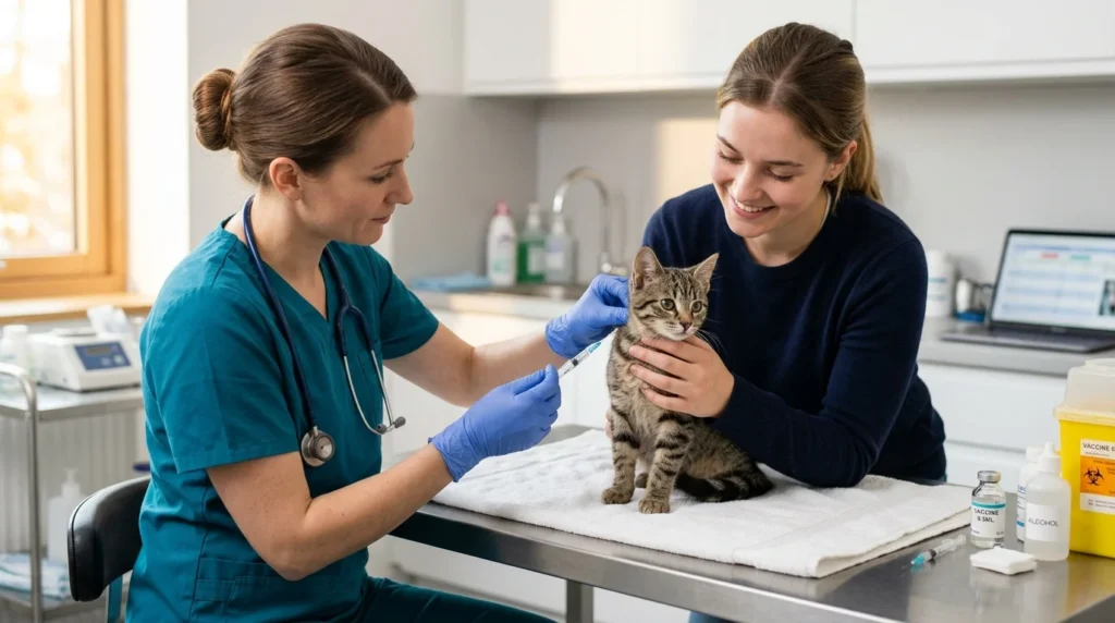 Veterinarian giving a routine vaccination to a young kitten