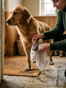 Wiping muddy dog paws with a damp towel