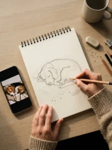 Using a photo of a sleeping beagle as a reference for dog drawing practice.