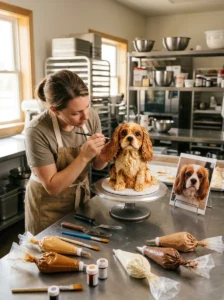 Baker decorating a custom dog face cake using a real spaniel photo as a reference.