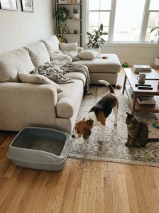 Open cat litter box attracting a curious dog in a living room