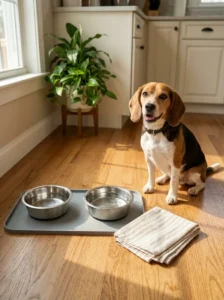 Happy beagle beside clean food and water bowls in a tidy kitchen.