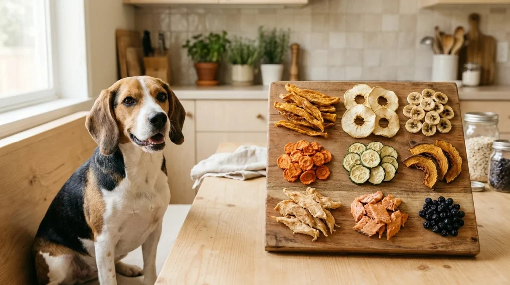 Homemade dehydrated dog treats made with sweet potato, apple, carrots, and chicken.