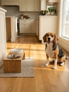 Beagle beside a stainless steel food bowl and ceramic water bowl in a tidy kitchen.