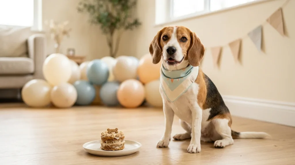 Beagle wearing a birthday bandana beside a small dog-safe birthday cake during a photoshoot.