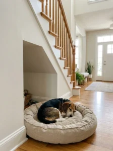 Beagle resting on a soft cushion in an open under-stairs nook