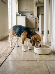Beagle drinking from a wide shallow ceramic bowl without getting its ears wet.
