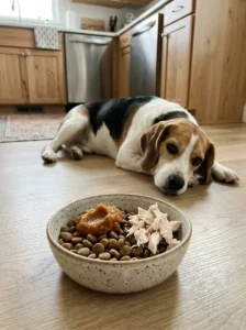 Dog kibble with small portions of plain pumpkin and cooked chicken as food toppers.