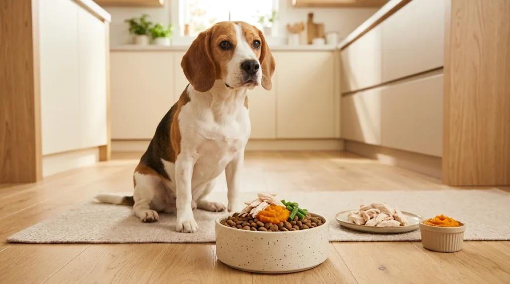 Beagle beside a bowl of kibble topped with plain chicken, pumpkin puree, and green beans.