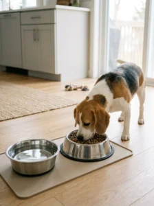 Beagle eating from a sturdy non-slip stainless steel bowl beside fresh drinking water.