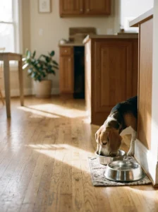 Beagle eating peacefully from a dog bowl in a quiet kitchen corner.