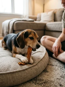 Beagle chewing a suitably sized homemade sweet potato treat under supervision.
