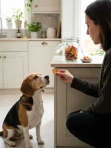 Owner supervising a beagle eating a small portion of homemade dehydrated treats.