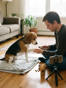Owner recording a calm beagle paw-handling and nail-care practice session