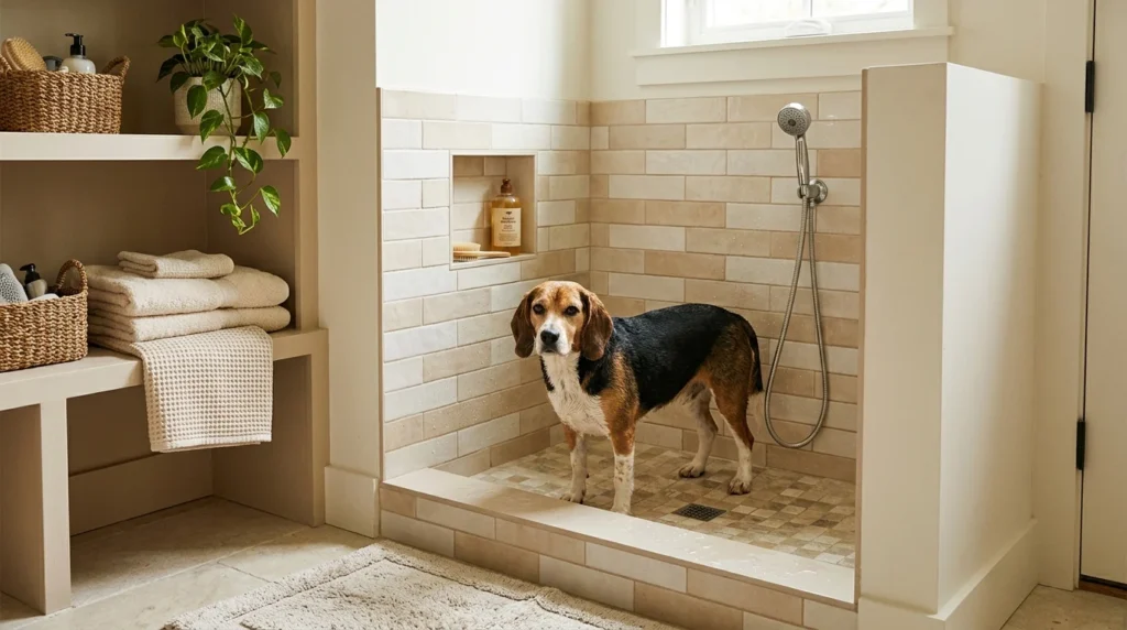 Beagle getting a bath in a modern dog washing station.