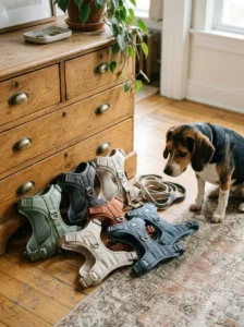 Different dog harnesses arranged beside a curious beagle at home.