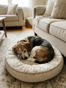 Beagle mix curled up on a soft cushion in a cozy home
Copy prompt