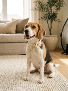 Happy beagle wearing a soft flower collar for a supervised photoshoot.