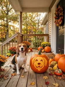 Beagle posing beside a finished dog-face pumpkin on a decorated autumn porch.