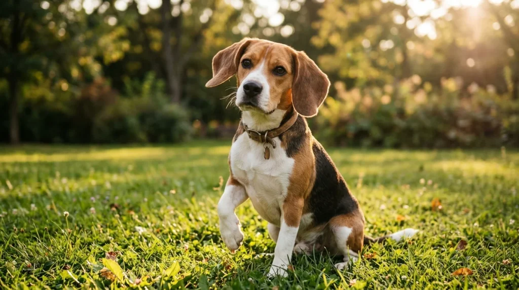 Beagle posing with a tilted head in a sunny park, inspiring cute dog photography poses.