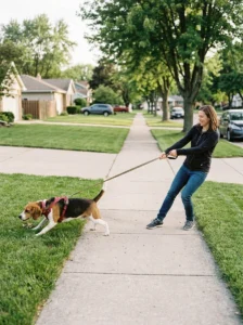 Excited beagle pulling on its leash during a neighborhood walk.