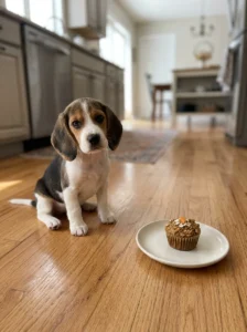 Beagle puppy sitting beside a small homemade dog cupcake.