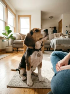 Beagle puppy wearing a collar and looking attentively at its owner.
