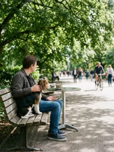 Beagle puppy observing everyday activity safely from its owner's lap.