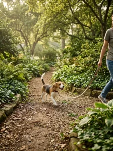 Beagle puppy enjoying a calm training walk beside its owner.