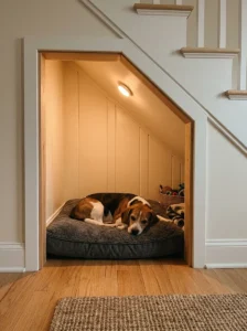 Beagle relaxing in a softly lit dog bed nook beneath the stairs
