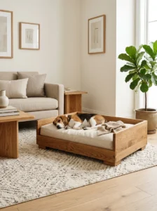 Comfortable wooden dog bed with a washable cream cushion in a stylish living room
